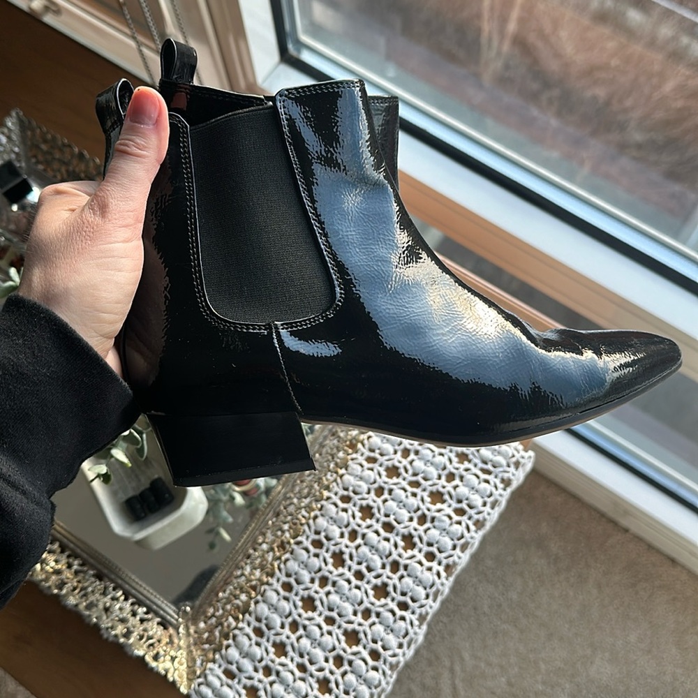 Franco Sarto Black Patent Leather Chelsea Boots, Size 8